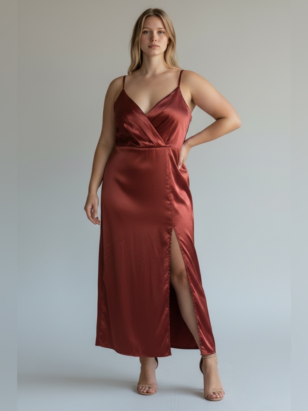 New Satin Bridesmaid Cinnamon Spaghetti Strap A-Line Dress, Celebrate by DB